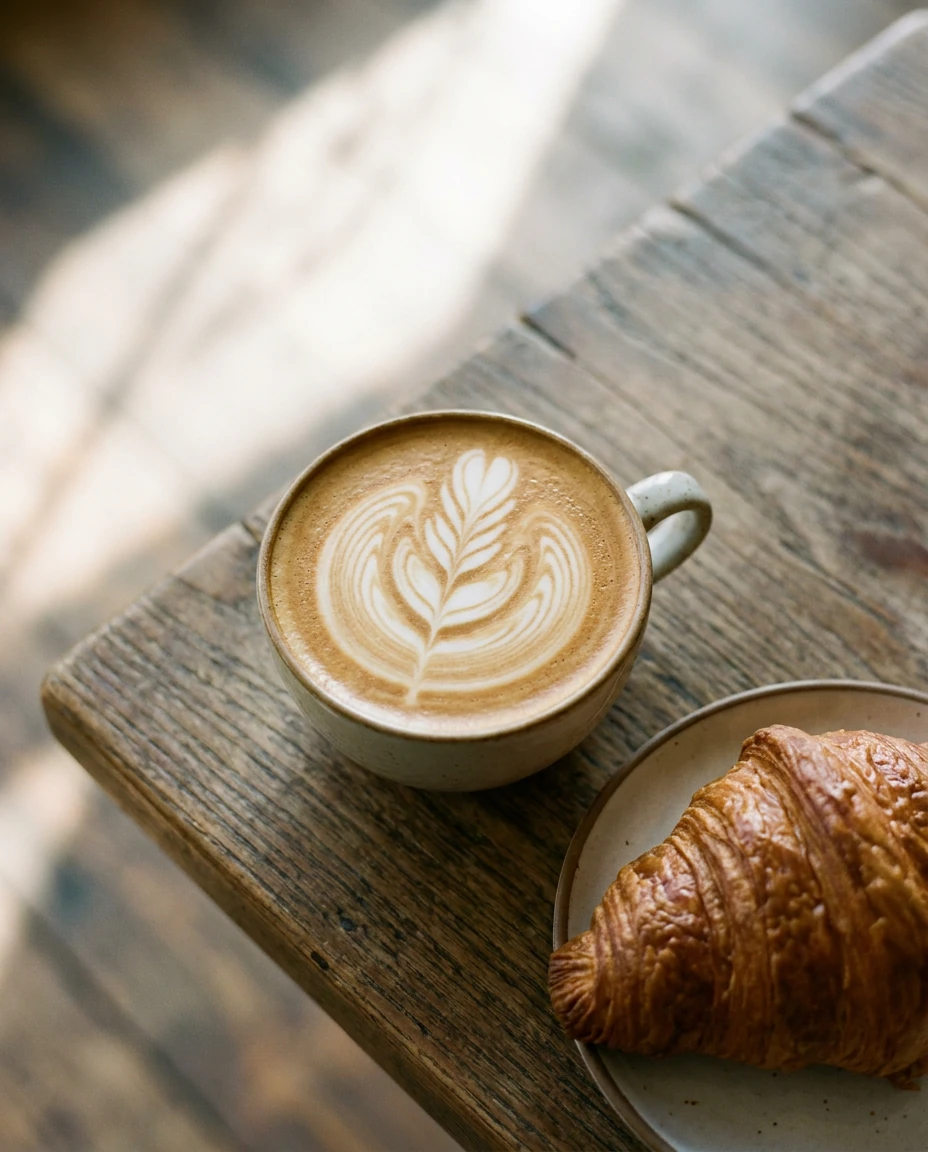 A flat white with latte art and a croissant on a wooden table