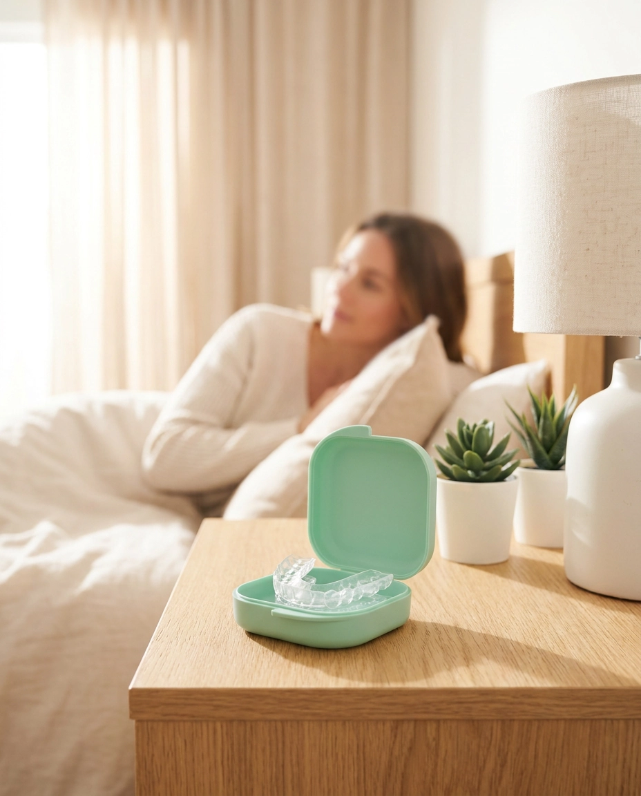 Example reel cover: a clear night guard in its case on a bedside table