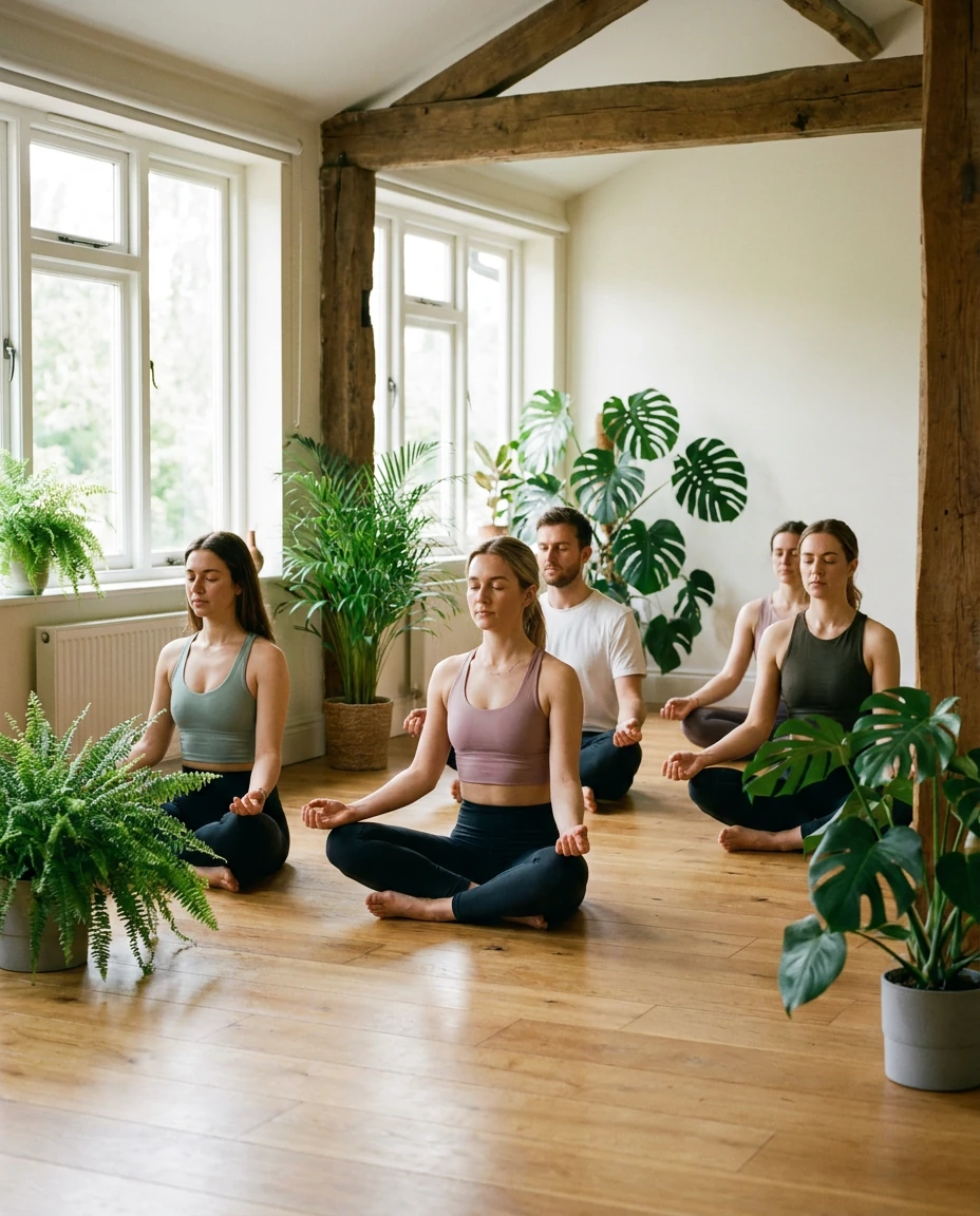 Example studio post: a calm yoga class in a light studio